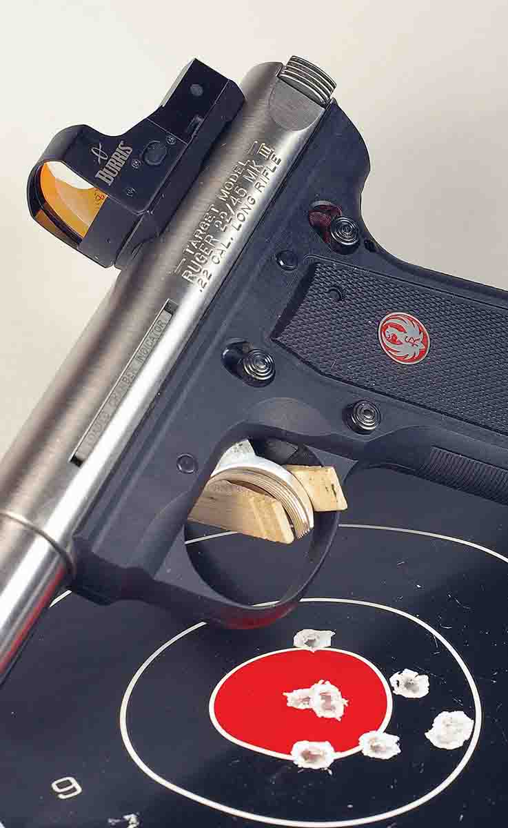 The 3-MOA red dot in a FastFire 3 reflex sight on a Ruger 22/45 MK III Target .22 LR pistol provided good accuracy at 25 yards.
